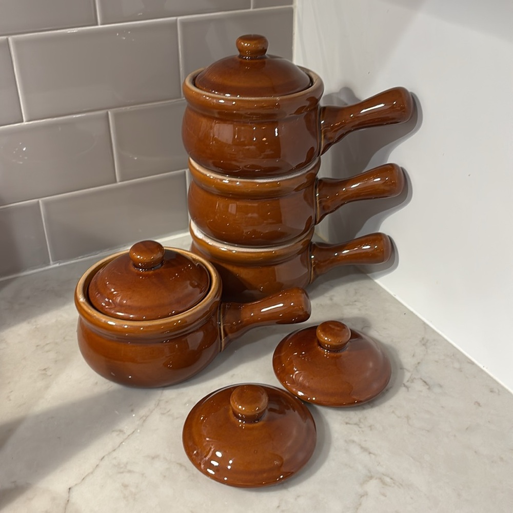 French Onion Soup Crocks with Lids Brown 4 Pieces